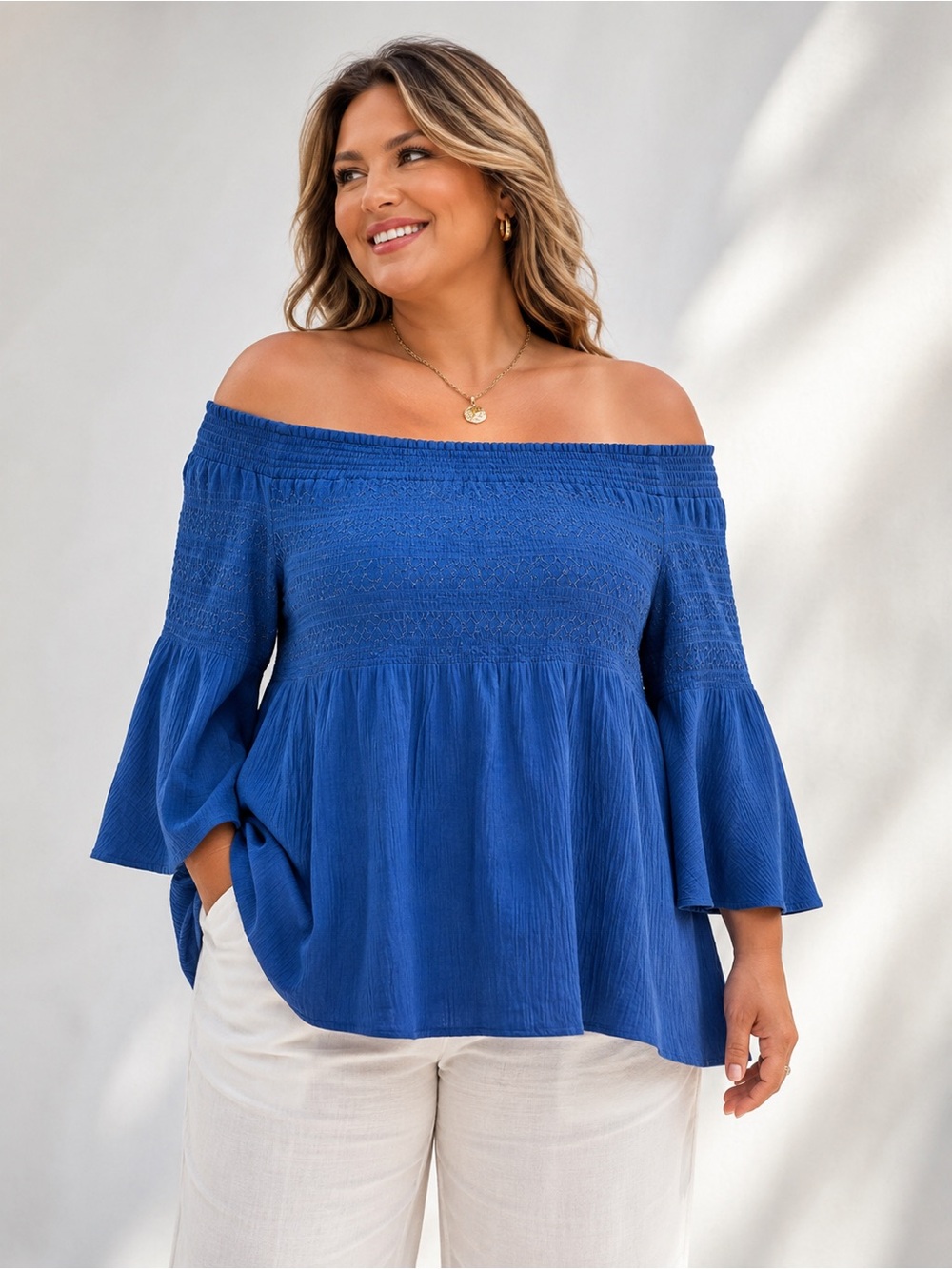 Royal Blue Smocked Off-the-Shoulder Bell Sleeve Boho Tunic Top Women's L/XL